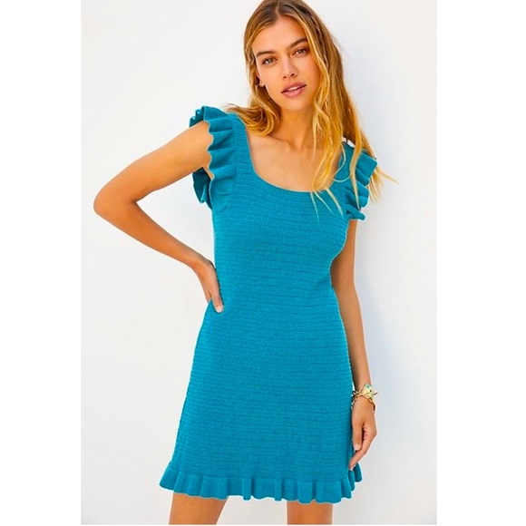 New! ANTHRO dress ruffle pointelle knit teal turquoise Anthropologie turquoise - Picture 2 of 7